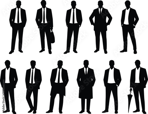 Cartoon silhouette icon set of twelve men in business attire with briefcases, umbrellas, suits, and formal poses.