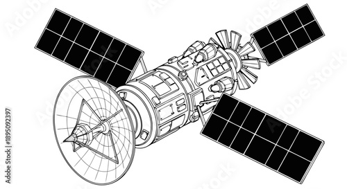 Detailed vector illustration of a satellite with solar panels and a dish antenna, ready for space exploration