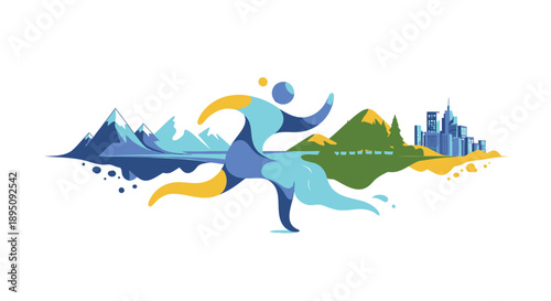 Vector illustration of a person in motion with landscape background