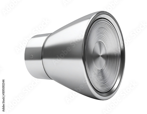 Sleek, modern metallic cylindrical object with textured circular face