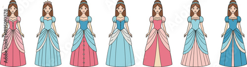 Cute Cartoon Princess Character Vector Set With Multiple Dress Variations Fairy Tale Royal Girl Fashion Illustration Collection