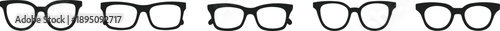 Set of five black isolated eyewear frames silhouettes collection on white background, including classic wayfarer, cat eye, rectangular, and trendy fashion spectacle shapes for optics.