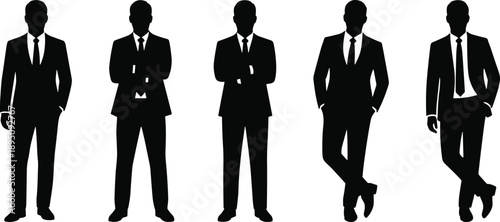 Set of five professional businessman silhouettes wearing formal suits and ties in various confident standing poses isolated on a clean white background for corporate design