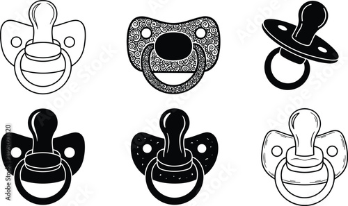Six different baby pacifier silhouette designs, newborn soother nipple vector set, black and white infant care accessory illustration collection