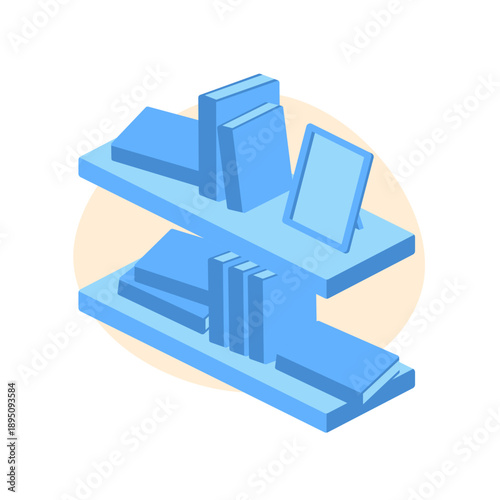 bookshelf with stack of book and picture duotone illustration