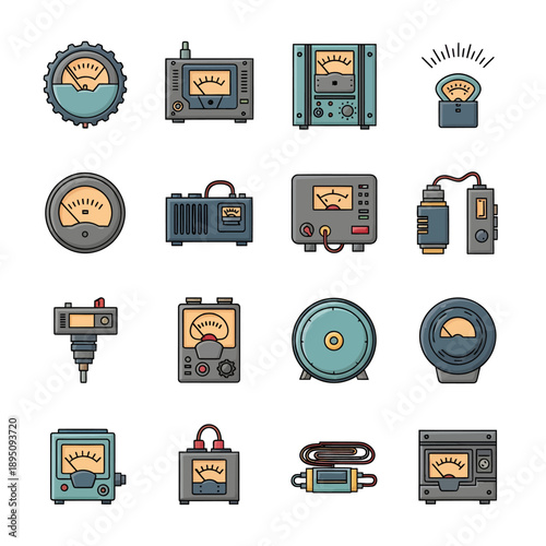 A comprehensive set of sixteen various electrical analog measuring instruments including meters, gauges, and specialized electronic testing devices for technical measurement.