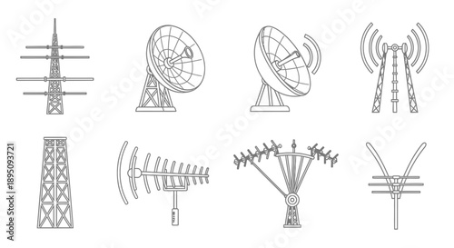 Collection of eight distinct black and white line art icons representing various telecommunication towers, satellite dishes, and broadcasting antenna equipment structures.