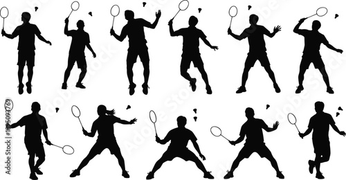Black silhouette collection of athletes playing badminton in dynamic poses with shuttlecock and racket, sports action concept, fitness training illustration