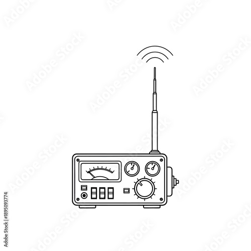 Simple line art illustration depicting a vintage two-way radio transceiver unit featuring an analog meter display, digital readouts, control knobs, and an extended transmission antenna sending out rad