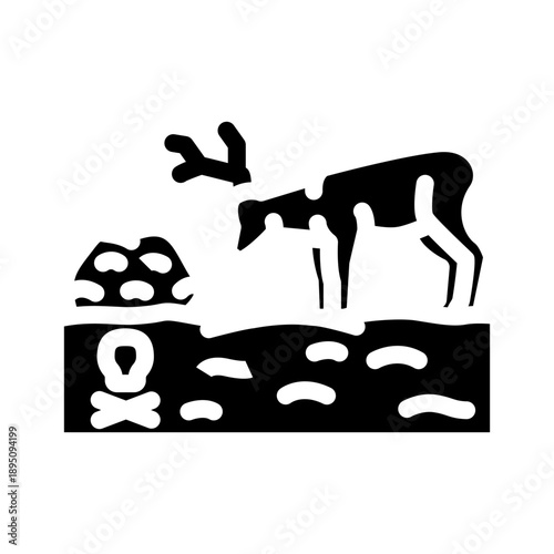 Deer grazing on contaminated land near a skull and crossbones warning sign, illustrating environmental danger, pollution, and the impact of toxic waste on wildlife and nature