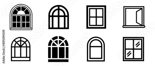 A collection of eight diverse black and white iconography illustrations representing various styles of windows with multiple panes and arched tops.