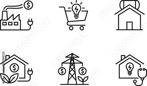 Energy efficiency and smart electricity icon set with power savings home solar grid and innovation symbols