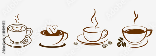 Coffee cup icon set. Disposable cup of coffee. Coffee To Go. Disposable coffee cup. Coffee paper cup set with label. Brown plastic container for drink