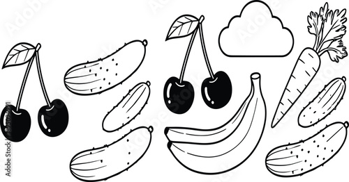 Hand drawn fruit and vegetable doodle icons set with cherries, banana, cucumber, carrot, and cloud outline vector illustration