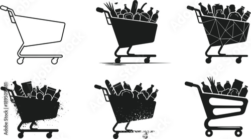 Shopping cart vector set, grocery basket illustration, supermarket trolley design, retail store concept, food market, online shopping icon collection.