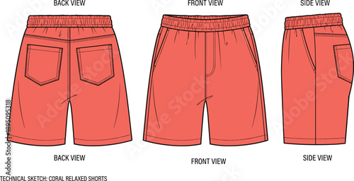 Technical fashion sketch of relaxed shorts with elastic waistband, side pockets, back yoke, double‑stitched pockets, front seam, garment construction illustration for apparel design projects