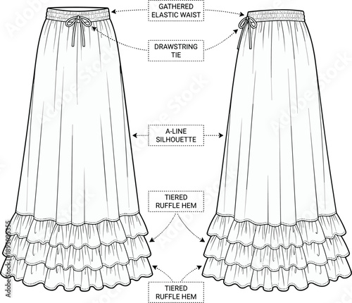 Technical fashion sketch of skirt design with gathered elastic waist, drawstring tie, A‑line silhouette, tiered ruffle hem, garment construction illustration for apparel design projects