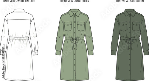 Technical fashion sketch of shirt dress with collared neckline, button‑down front, chest pockets, drawstring waist, long sleeves, garment construction illustration for apparel design projects