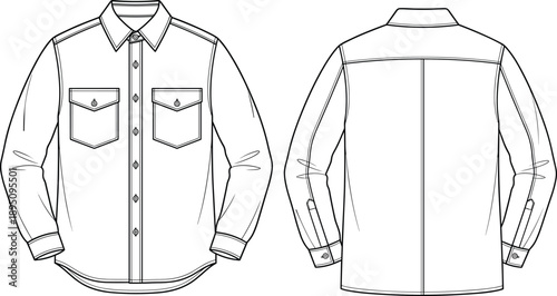 Technical flat sketch of long‑sleeve button‑up shirt with pointed collar, chest pockets, button placket, yoke, seam details, garment construction illustration for apparel design projects
