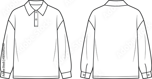Technical flat sketch of long‑sleeve polo shirt with classic collar, two‑button placket, cuffs, dropped shoulders, tailored seam details, garment construction illustration for apparel design projects