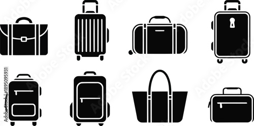 A collection of different black silhouette travel bags and suitcases with wheels on a white background