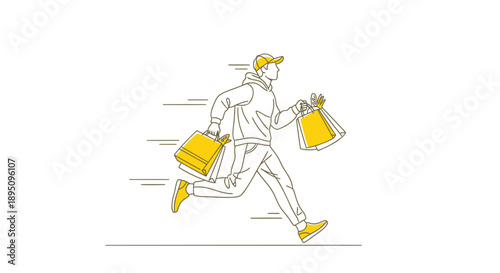 Delivery man in a yellow uniform running with shopping bags in motion