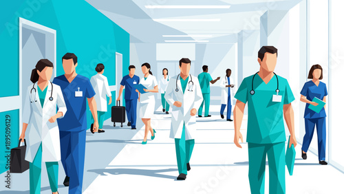 Healthcare professionals in modern hospital corridor with geometric design