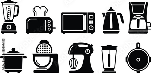 A collection of common kitchen appliances presented as crisp black silhouette icons on a white background