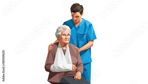 Low poly art style caring nurse assisting elderly patient in hospital setting