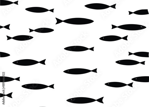 School of fish silhouettes pattern in black, minimal marine animal icons isolated on white background for design and decoration