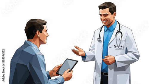 Polygonal art style doctor and patient interaction with digital tablet