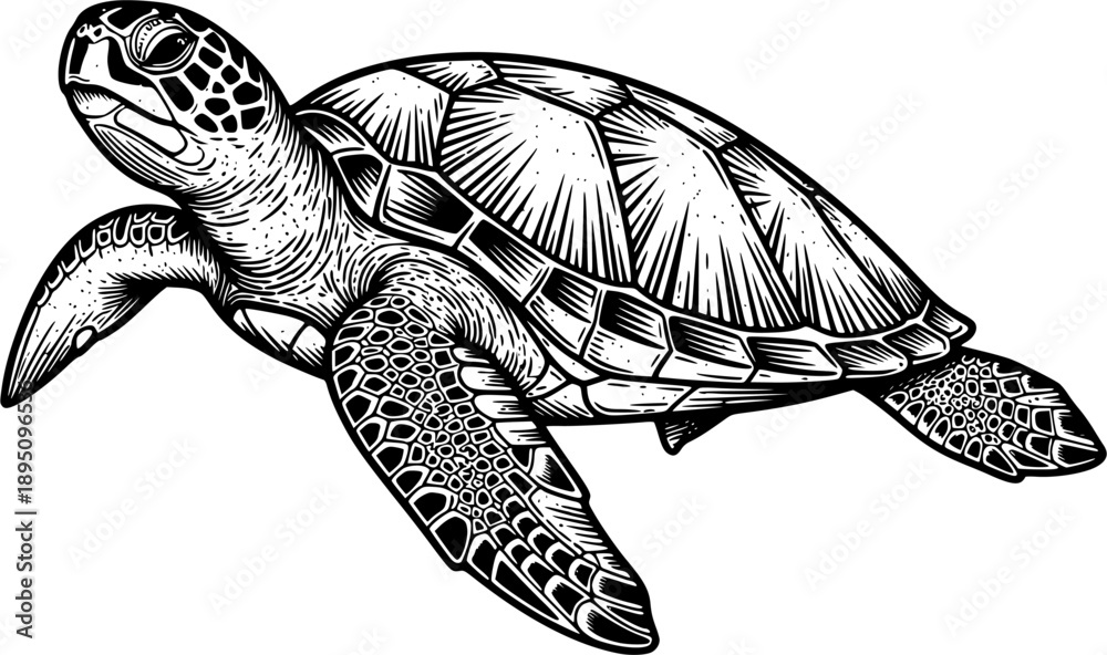 Fototapeta premium turtle sketch engraving black and white outline. Scratch board imitation. illustrated in vintage line art style on a white background 