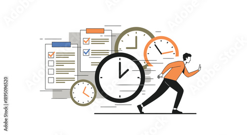 Businessman rushing with clocks and to do list symbolizing time management and productivity