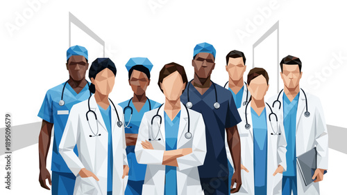 Diverse medical team in geometric style with doctors and nurses in hospital setting
