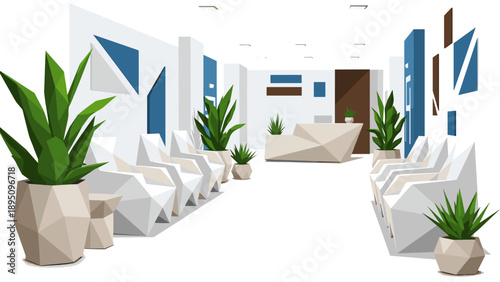 Modern office lobby with low poly geometric design and stylish indoor plants