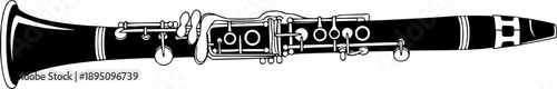 Clarinet silhouette. This image shows a black clarinet outline, a woodwind musical instrument. Vector clipart illustration design.