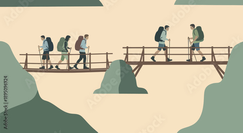 Hikers traverse a scenic mountain bridge on their journey.