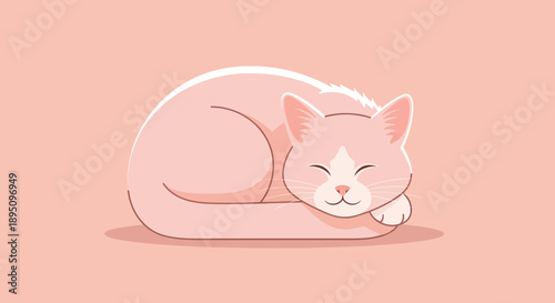 A sweet pink cat sleeping peacefully curled up on a soft background.