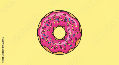 Cartoon donut with pink frosting and colorful sprinkles.
