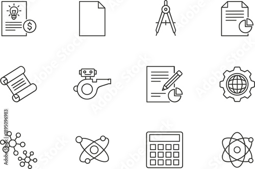 Science research and documentation line icon set with chemistry math calculation analysis tools and report symbols