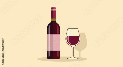 Red Wine Bottle and Glass in Flat Design Style
