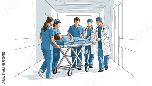 Medical team pushing gurney in hospital corridor with urgency and care