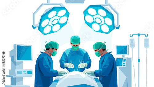 Modern geometric surgery scene with medical professionals in operating room