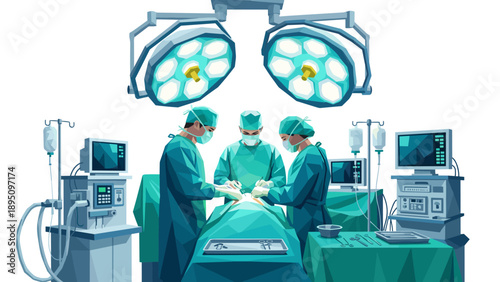 Team of surgeons performing complex surgery in a modern hospital operating room