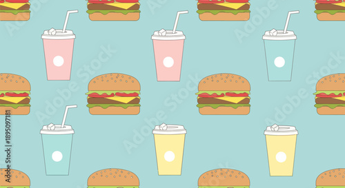 Seamless fast food pattern with cartoon burgers and soda drinks