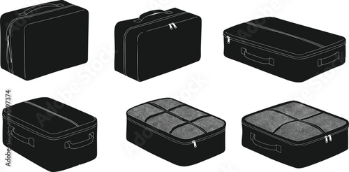 Set of travel luggage suitcase silhouette vector illustration, black bag collection, packing cubes and portable storage travel accessories design