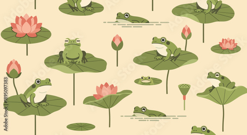 Cute frog and lotus flower seamless pattern