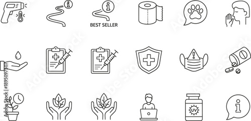 Health safety ecommerce and awareness line icon set with protection hygiene medicine support and information symbols