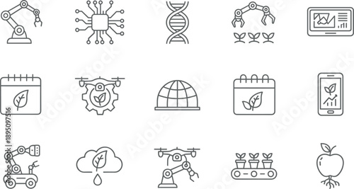 Smart agriculture biotechnology and automation line icon set with farming robots data genetics and eco technology symbols