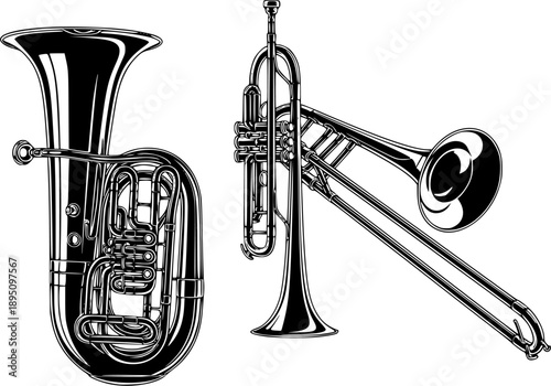Detailed illustration of three different brass instruments on white background